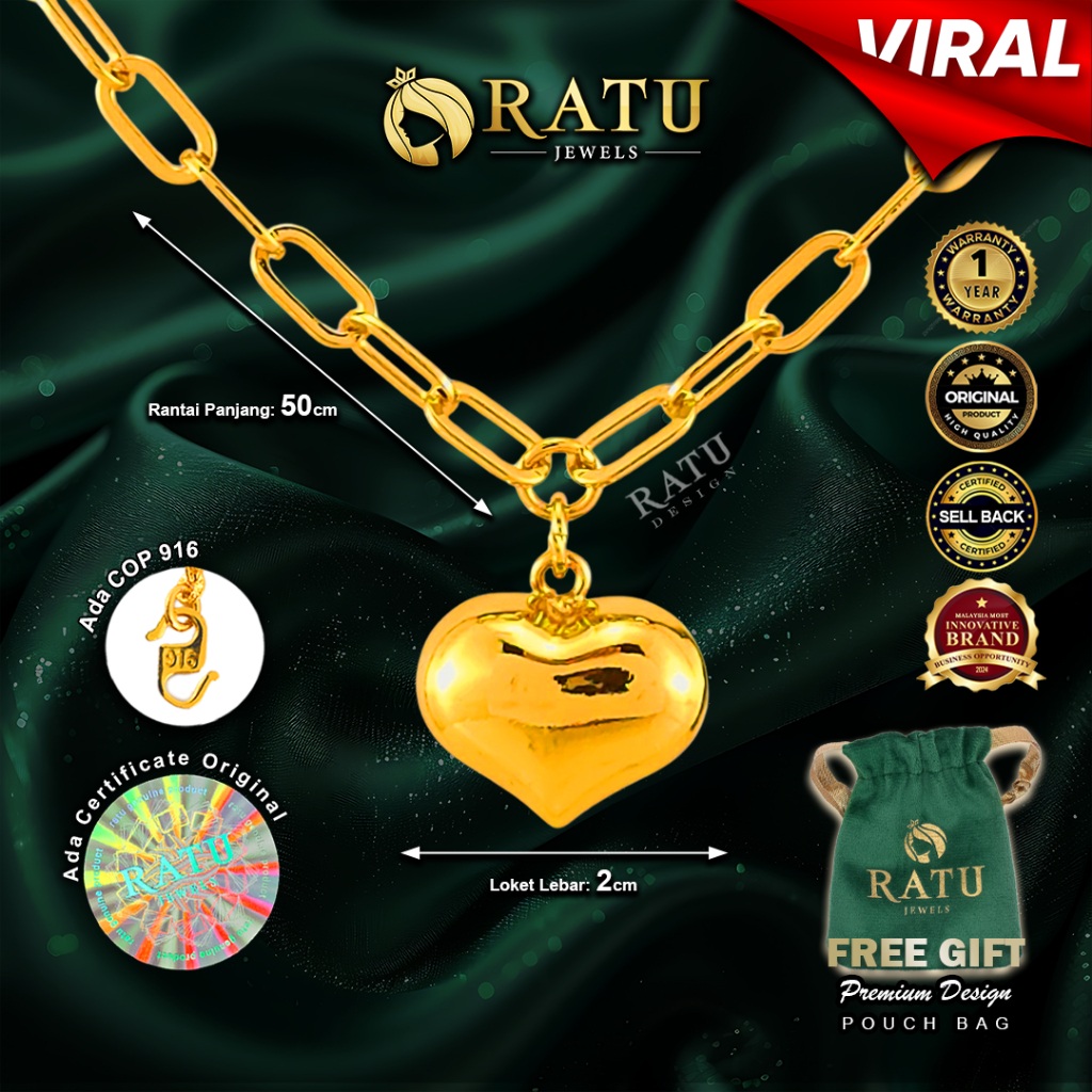 Rantai Leher (17.59g) Emas RATU Paper Clip Love 50cm Daily Wear Plated Necklaces Jewelry (28RJ)
