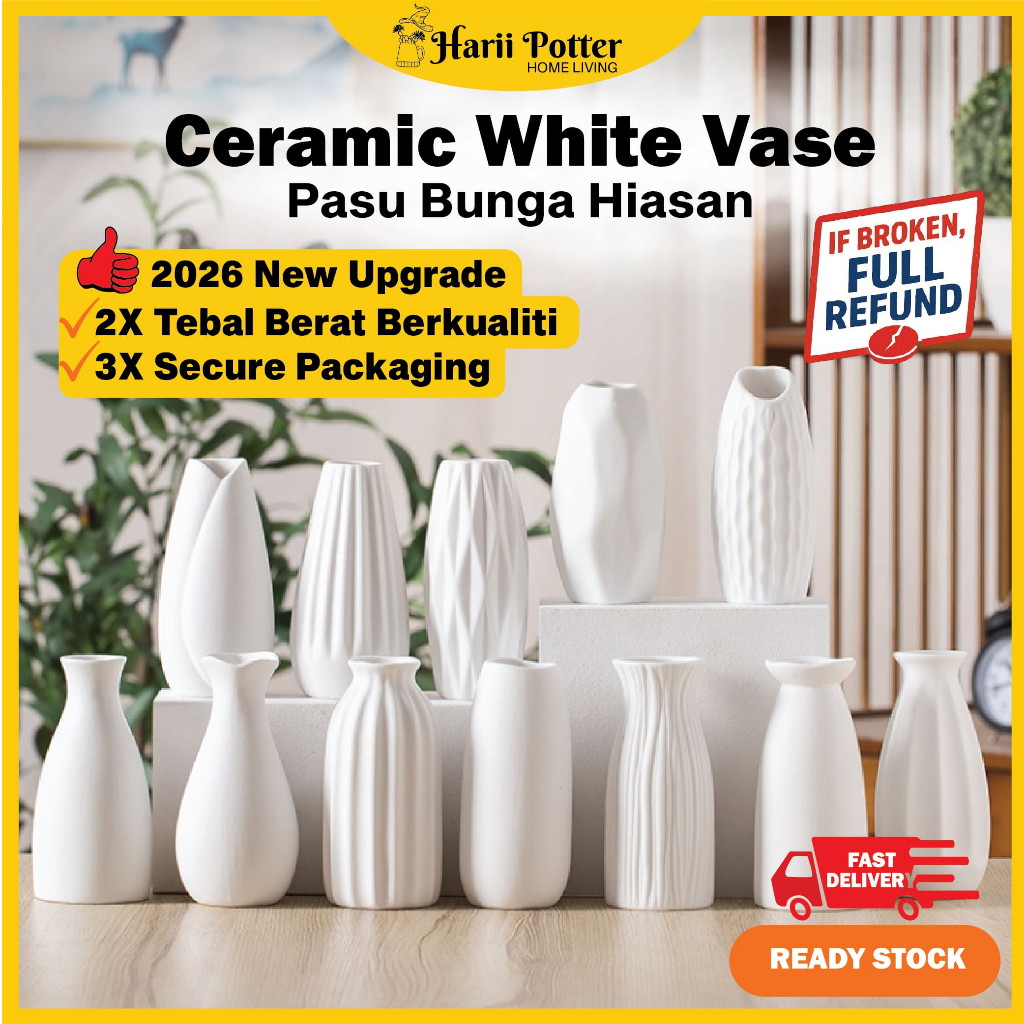 Aesthetic Nordic Ceramic Vase Decoration White Flower Vase Minimalist Home Decor Pasu Nordic Seramik Bunga Hiasan Meja
