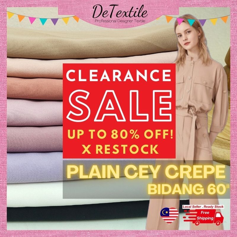 DeTextile Premium Plain Cey Crepe Bidang 58-60" Hi-Quality Ironless Kain Pasang Ela Sejuk Murah Stretchy!! (color set 1)