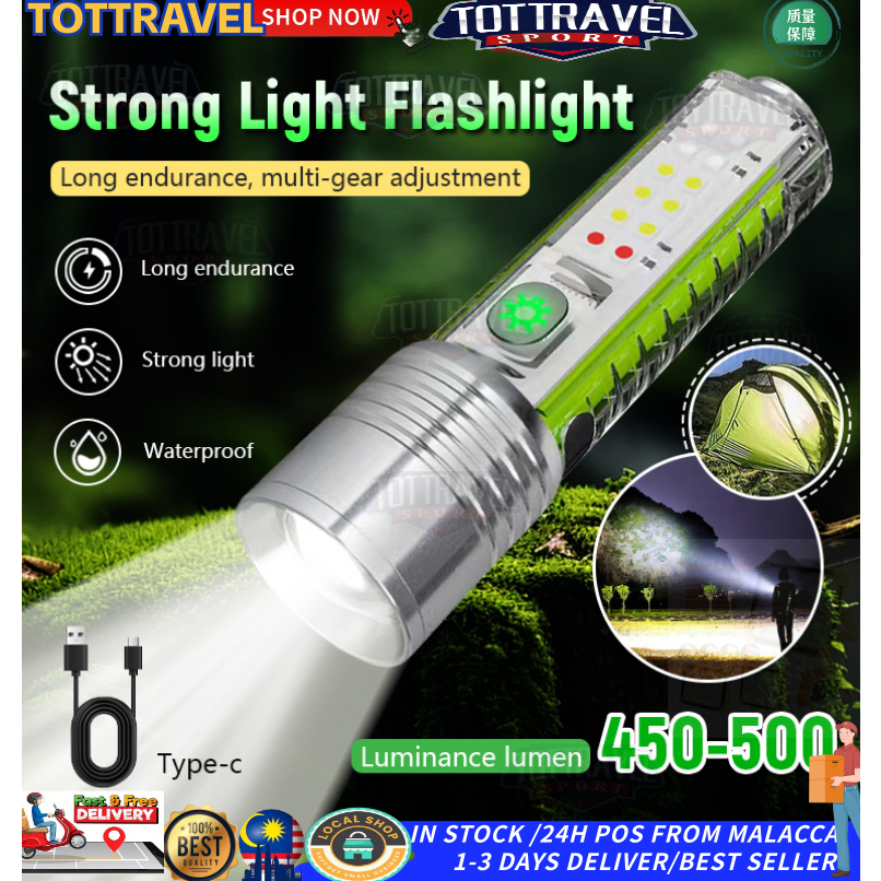 Super Bright Zooming Flashlight 520A Waterproof Flashlight White/Red/Blue/Purple Light Strong Magnets lampu suluh 手電筒 强光