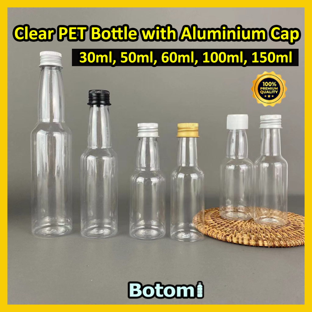 30ml to 150ml Transparent clear plastic bottle metal aluminium cap botol plastik air minuman sos madu tudung aluminum
