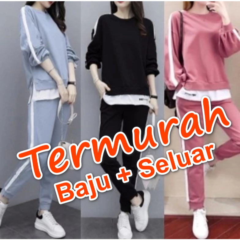 6-1【 Murah Sekali】2pcs set Pakaian Kasual Wanita Pakai Baju Seluar Pants Pant Olahraga Sport Wear