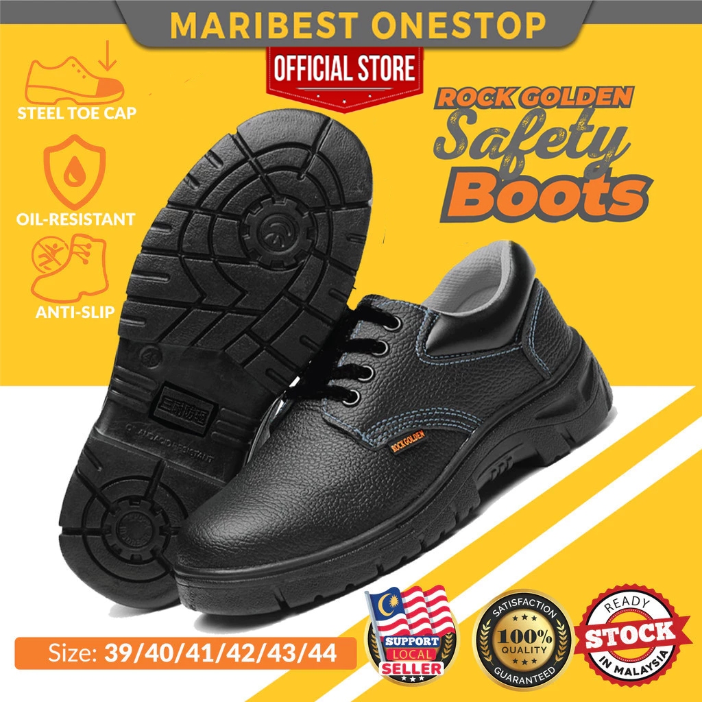Black Leather Safety Shoes Safety Boots Mens Working Shoes Steel Toe Cap Steel Midsole Kasut Kerja Kilang Rock Golden