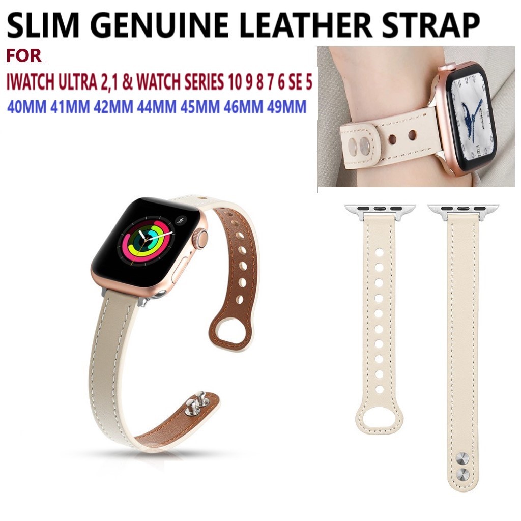 [Ready Stock] 40 41 42 44 45mm 46mm 49mm Slim Genuine Leather Strap Lady - iWatch Ultra 2 Smart Watch Series 10 9 8 7 SE