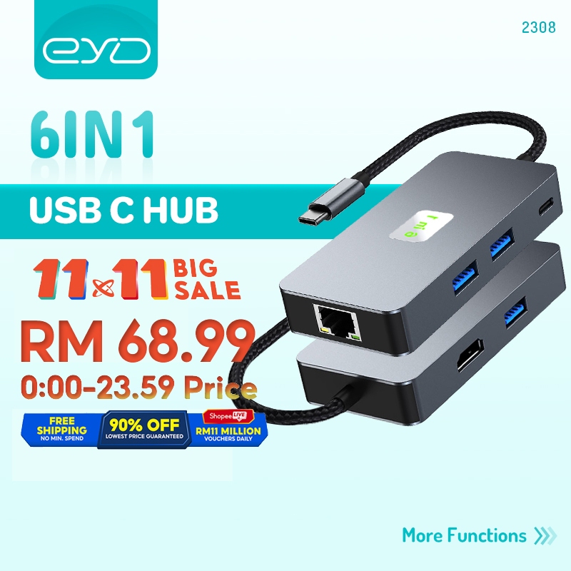 EYD 6 IN 1 HUB USB3.2 10Gbps HUB HDMI 4K/60HZ RJ45 1Gbps 100W Input Charging Docking Station USB C