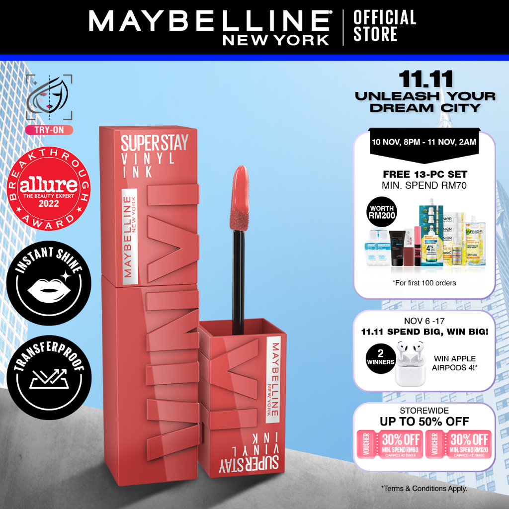 Maybelline Super Stay Vinyl Ink Transfer Proof Shine Longwear Lipstick - 16H Longwear Longlasting, Glossy, Instant Shine