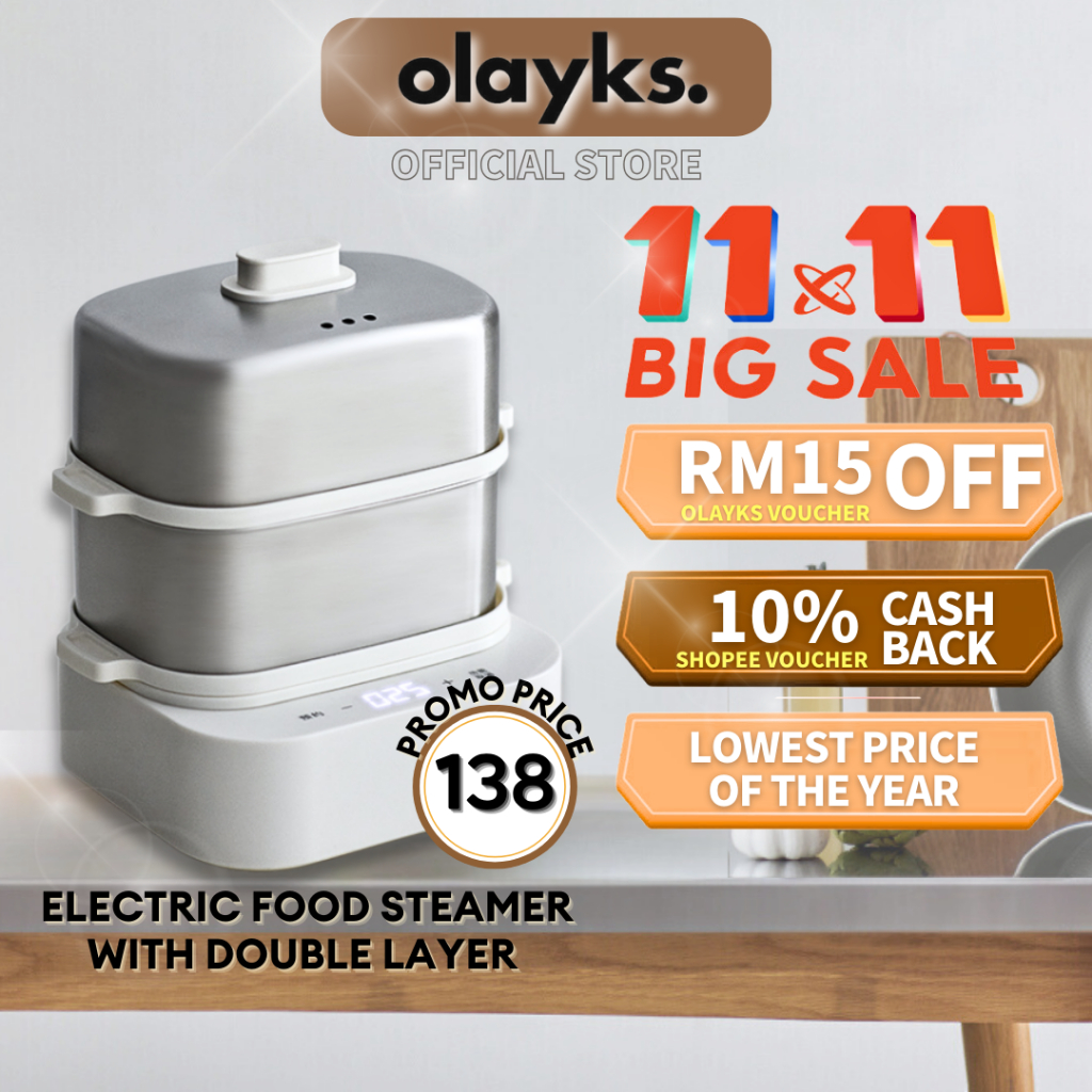 Olayks Electric Food Steamer 2 Tiers Stainless Steel Steam Tray Mini Egg Steamer Double Layer Pau Dimsum Steamer 电蒸笼蒸锅包子