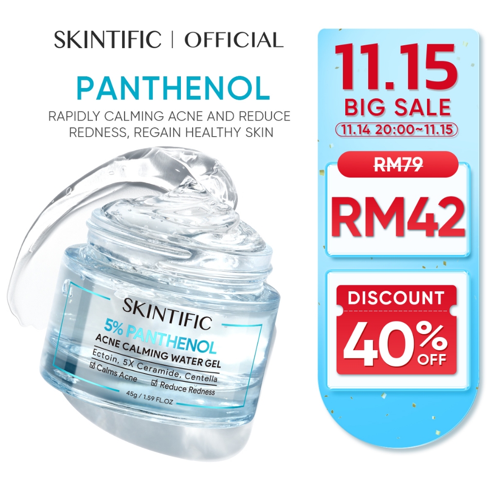 SKINTIFIC 5% Panthenol Acne Calming Water Facial Moisturizer Gel Day and Night Cream 45g Soothing Acne Reducing Redness