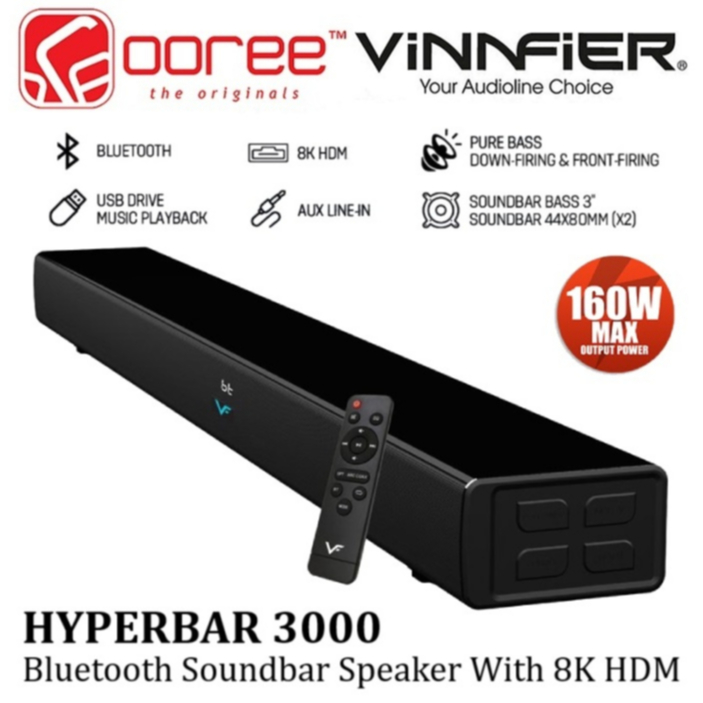 VINNFIER HYPERBAR 3000 WIRELESS BLUETOOTH SOUNDBAR SPEAKER 160W WITH 8K HDMI/ AUX IN/ OPTICAL/ USB D