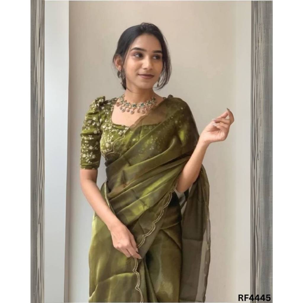 Elegant Jimmy Choo Olive Green Bollywood Saree with Intricate Hand-Cut and Double Cording Zari Work