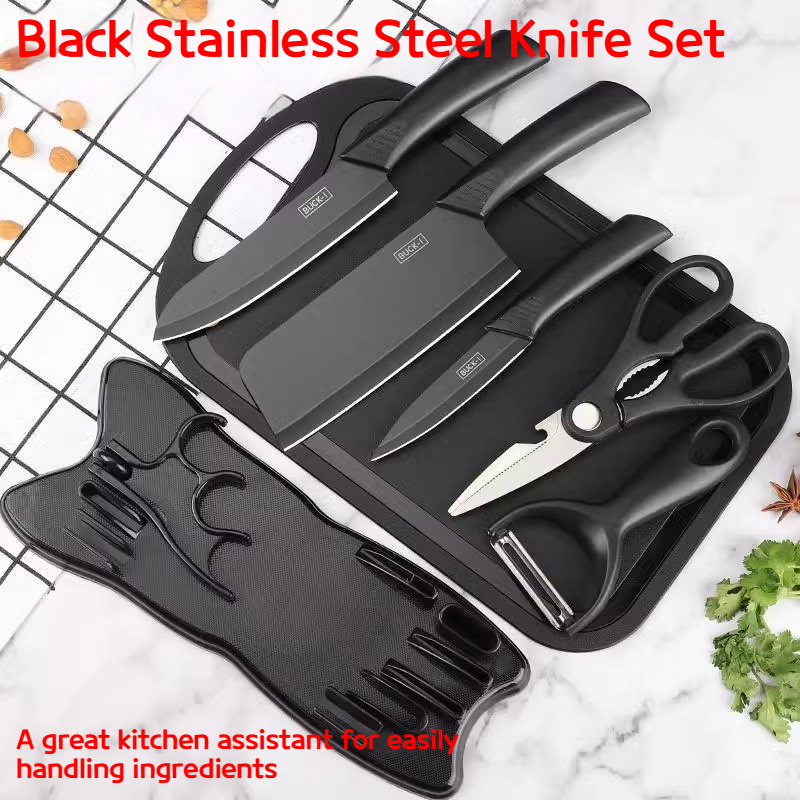 7 in 1 Black Steel Non-stick Kitchen Knife Set Stainless Steel Kitchen Fruit Chef's Knife Cooking