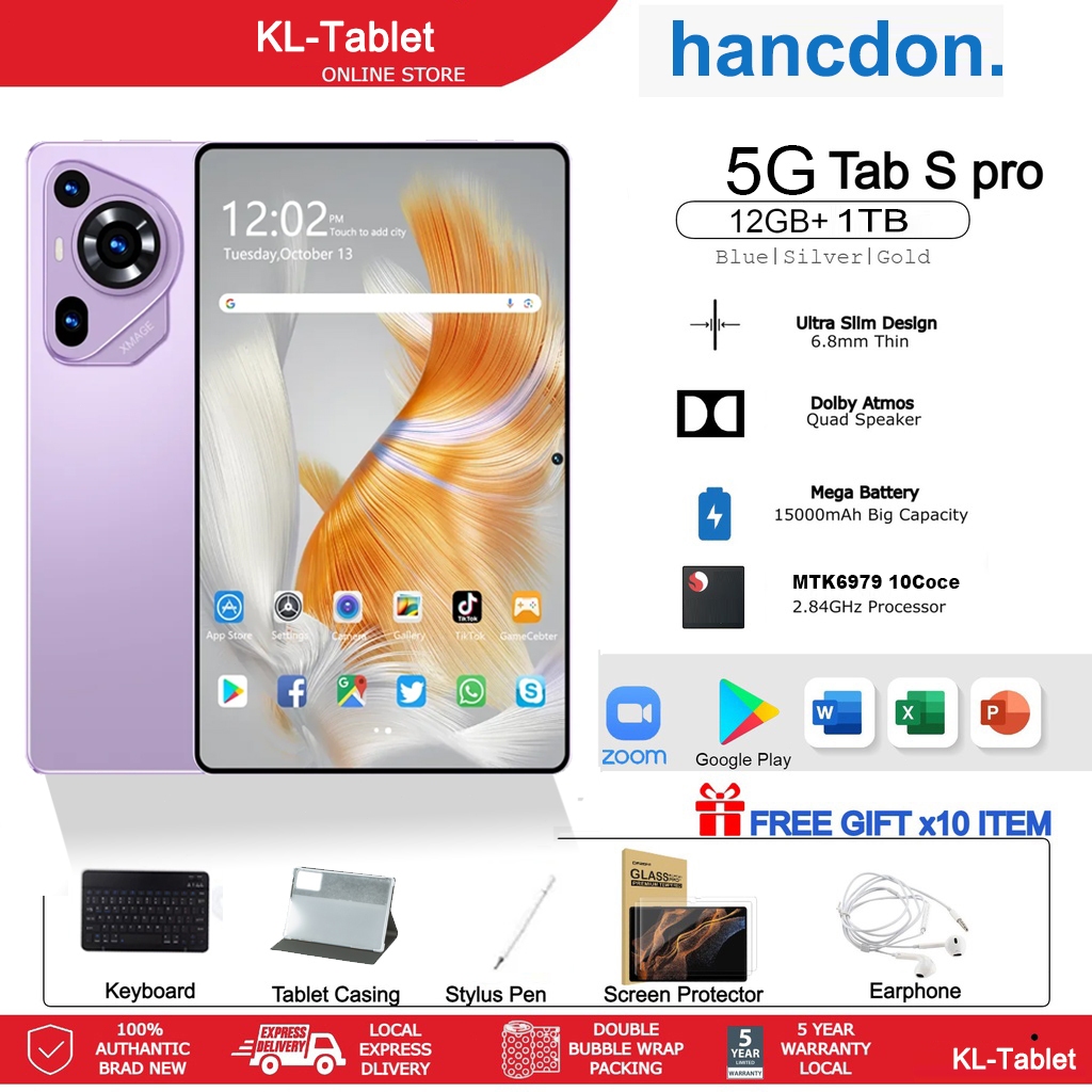 hancdon Pad Tablet 11Inch 16GB+1TB 5G Tablet Dual SIM+ WiFi 10000mAh Learning Drawing Tablet Gaming Tablet Support WiFi