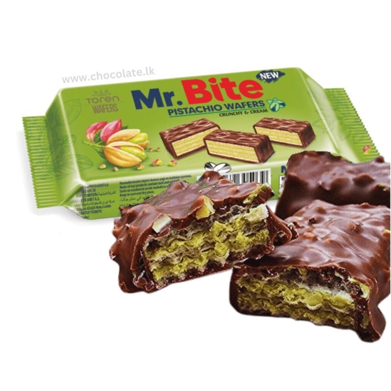 Best price (6 pcs) 5*8 cm chocolate dubi pistachio biscuits, Mr.Bite pistachio, Coconut, Hazelnut cream coated wafers.