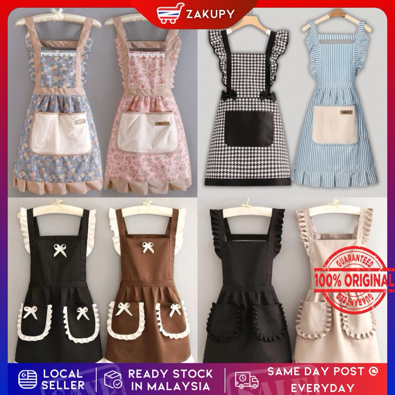 Ready Stock Apron Kitchen Flowers Princess Canvas Cotton Apron with Large Pockets Hand Wiping Towel /厨房围裙带毛巾