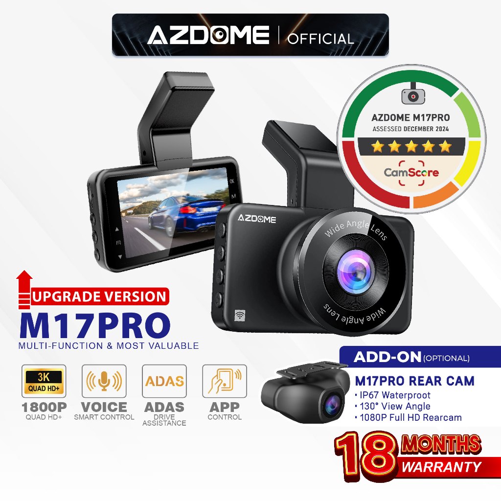 Azdome M17PRO 3K Quad HD+ Dual Channel Front & Rear Dash Cam Night Vision App Control Car Camera Driving Recorder