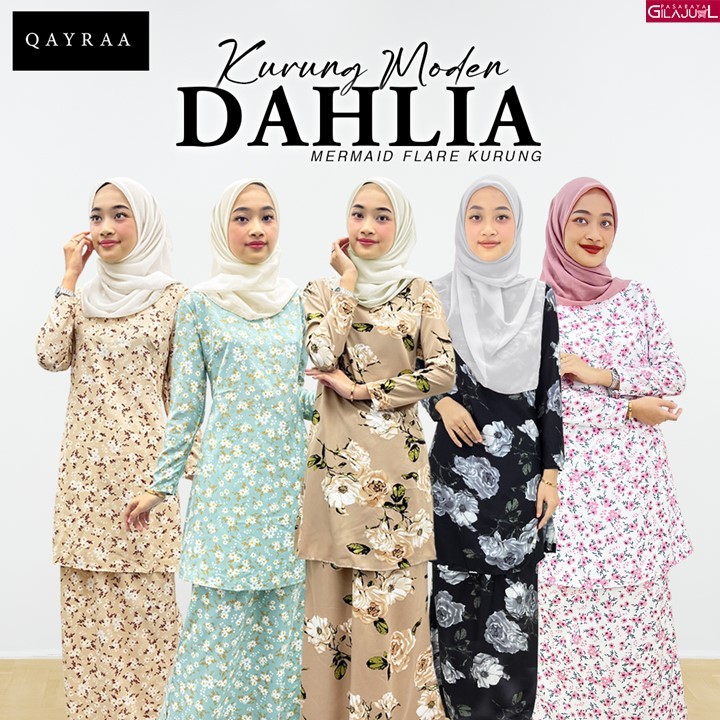 QAYRAA P3 DAHLIA Baju Kurung Modern Floral Printed Ironless Kurung Moden Slim Sepasang- Size S-2XL/Black/Red/Green/Lilac