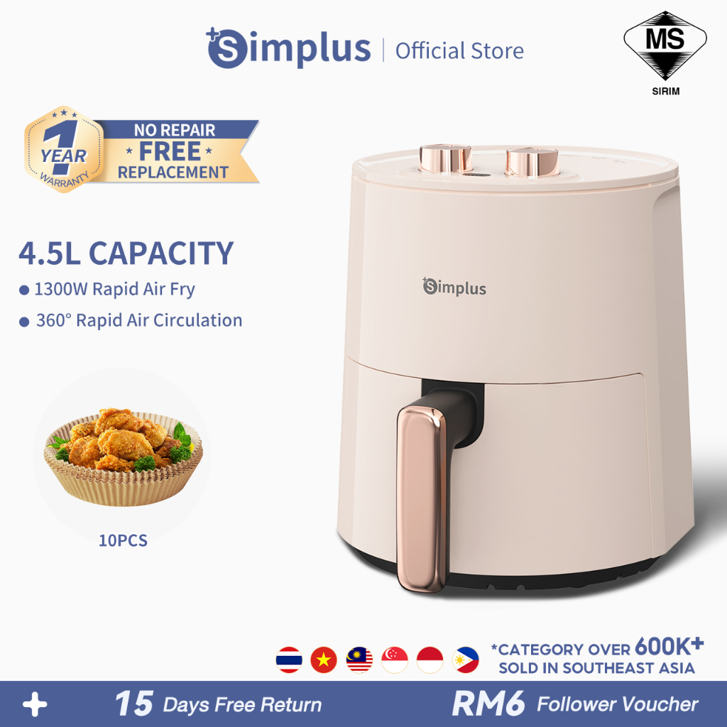 Simplus Air Fryer 4.5L 1300W Temperature Control Non-Stick Coating 360°Hot Air Circulation Simple Knob Penggoreng Udara