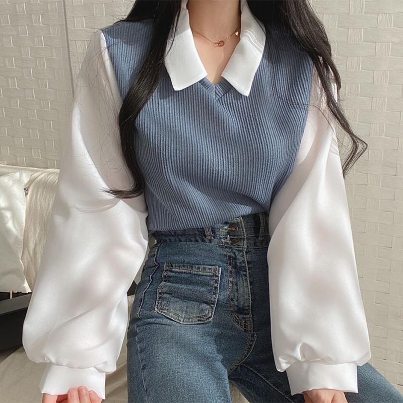 MY STOCK OOTD Women's Casual Polo Collar Long Sleeve Blouse – Stylish Layered Design Cute Shirt Top 假两件T恤女拼接POLO领