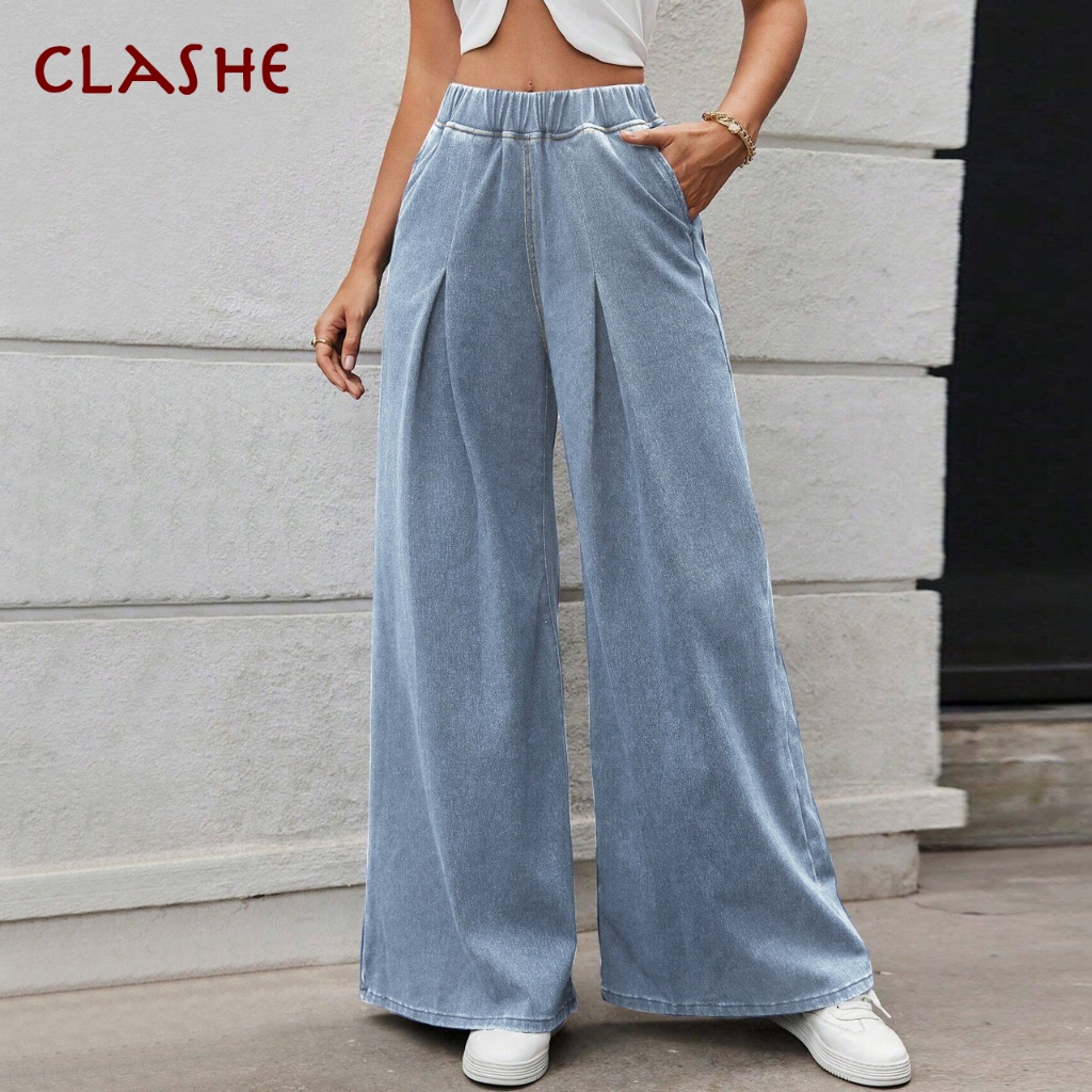 Clashe Jeans Baggy Style Cutbray Wanita Wide Leg Vogue Denim Pants Perempuan Pinggang Getah Straight Cut Loose Jeans