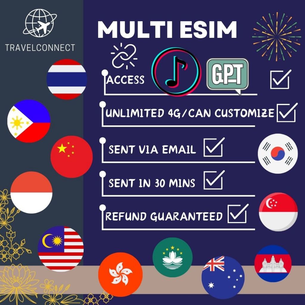 MULTI COUNTRIES ESIM【Can Access TT and Chatgpt】【4G/5G🔥】【3GB/5GB/10GB/20GB】【5/7/10/15/30Days】