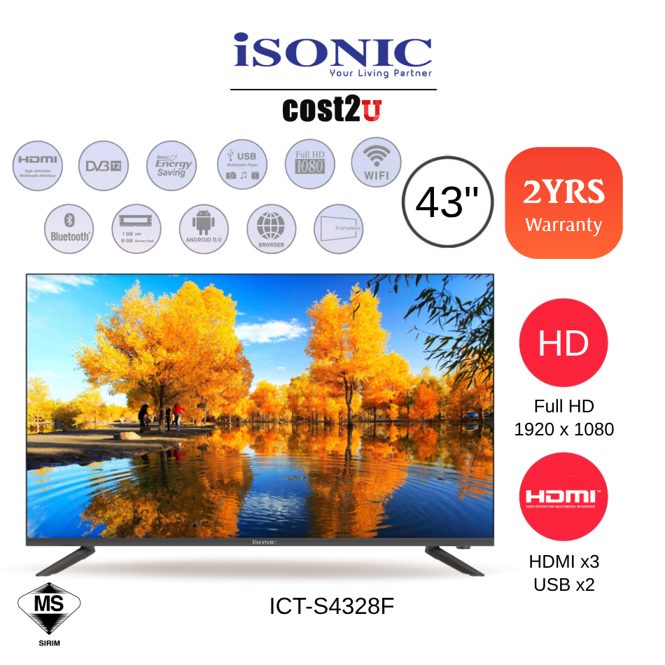 Isonic 43" LED Full HD Android TV (WiFi) | ICT-S4328F (Televisyen 电视机 Smart TV)