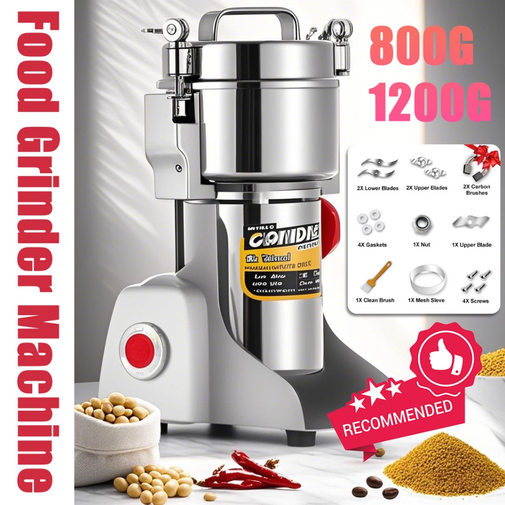 1200G Dry Food Powder Crusher Stainless Steel Grinder Machine Big Capacity Mesin Pengisar Rempah Serbuk Kisar Cili Kerin
