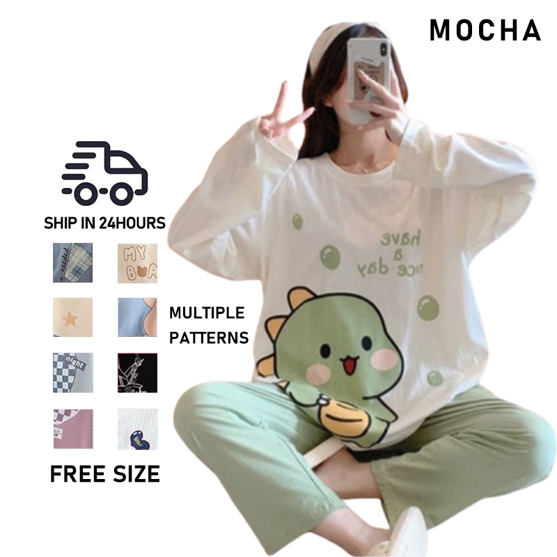 MOCHA Women Pajamas Long Sleeve Sleepwear Plus-size Cartoon Print Nightwear Baju Tidur Panjang ST102