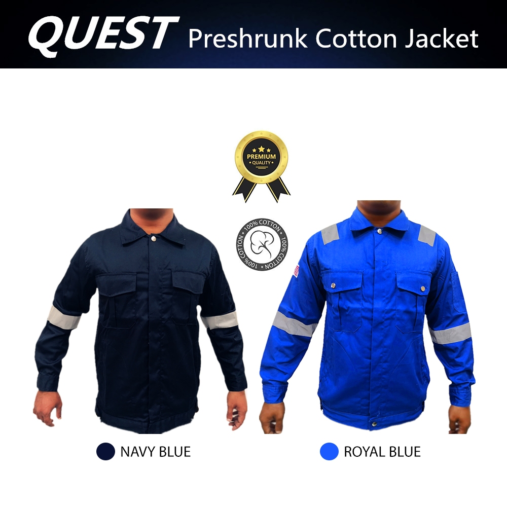 QUEST (Navy Blue / Royal Blue) Preshrunk Cotton Work Safety Jacket with Hi Vis Reflective | Workwear Clothing 工作外套