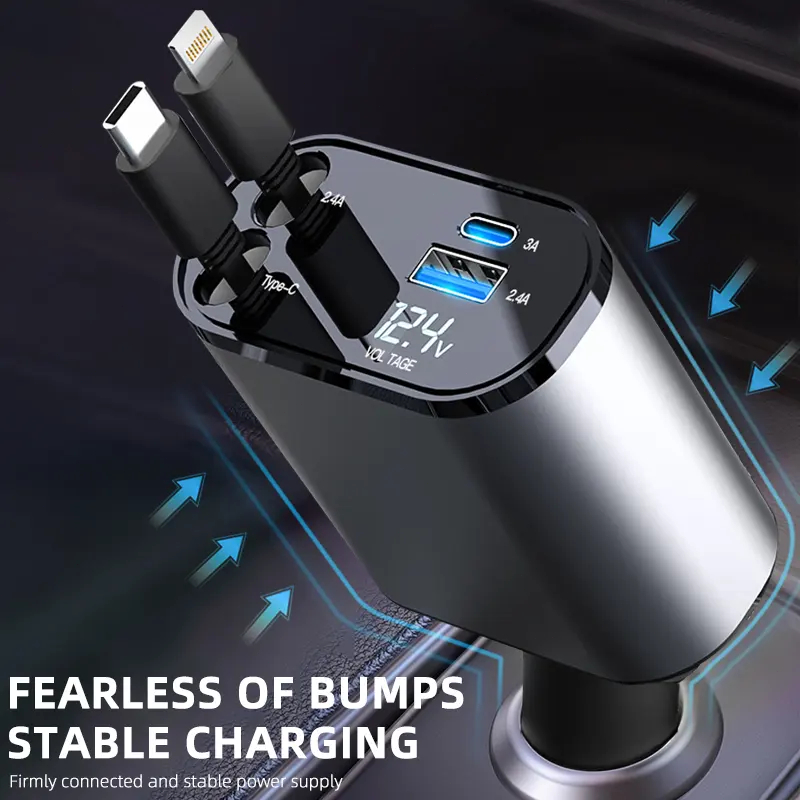 V380 PRO 120W Retractable Car Charger Starry Sky Car Charger 4 USB Port Digital Display Super Fast Charging USB TypeC