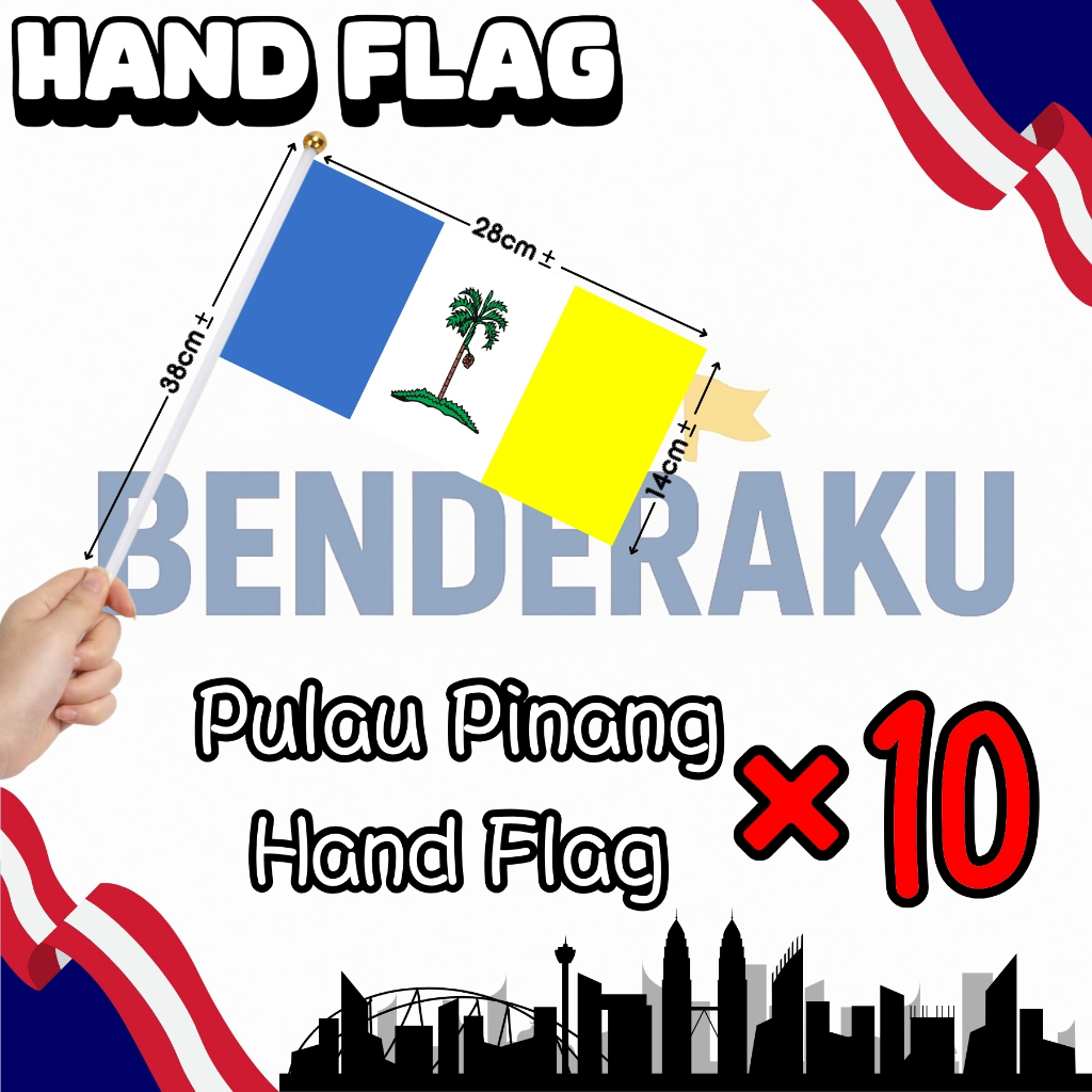【Benderaku】10-PCS Pulau Pinang Pulau Mutiara Flag/Penang Hand Flag Nylon Polyester