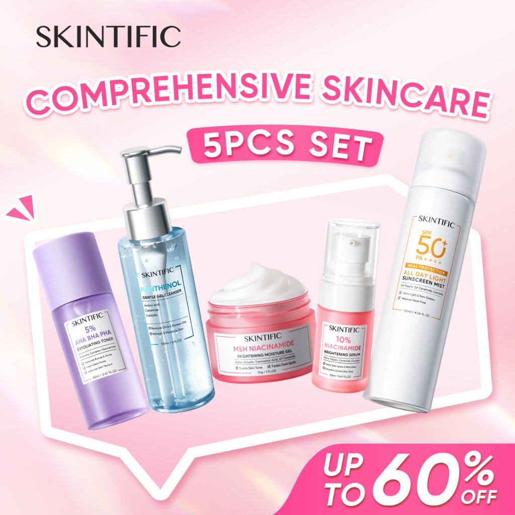 [100% ori] SKINTIFIC 5Pcs with Sunscreen Skincare Low pH Cleanser + Moisture Gel + Serum Sunscreen Exfoliating Toner