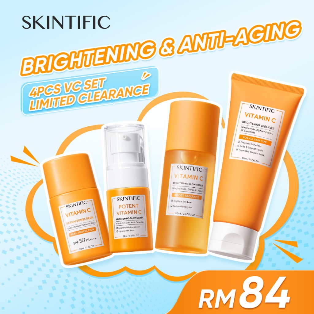 SKINTIFIC Skincare 4pcs Paket Set With Serum Low pH Cleanser Light Spot Repair Morning & Night Routine