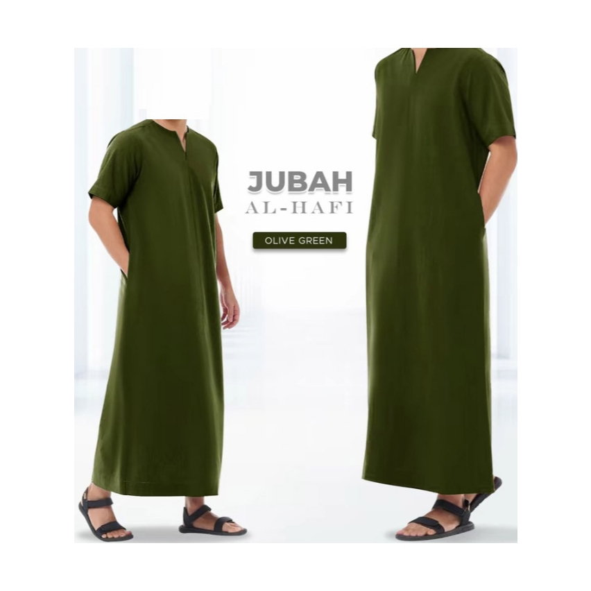 Jubah Muslim Lelaki V Neck Lengan Pendek Polos Garis 2 Side Poket Size S to 7XL.