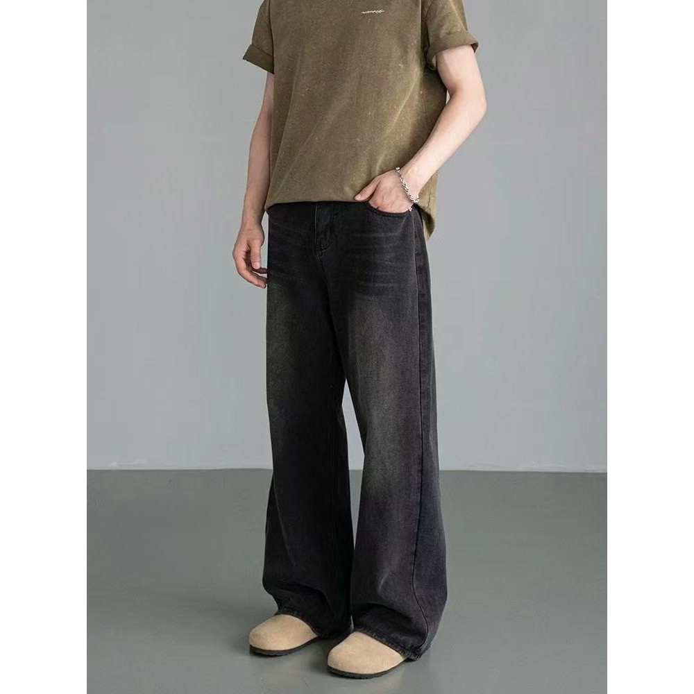 Jies Unisex Loose Fits Wide leg Hight Waist Jeans - Grey 宽松阔腿高腰牛仔裤 D714