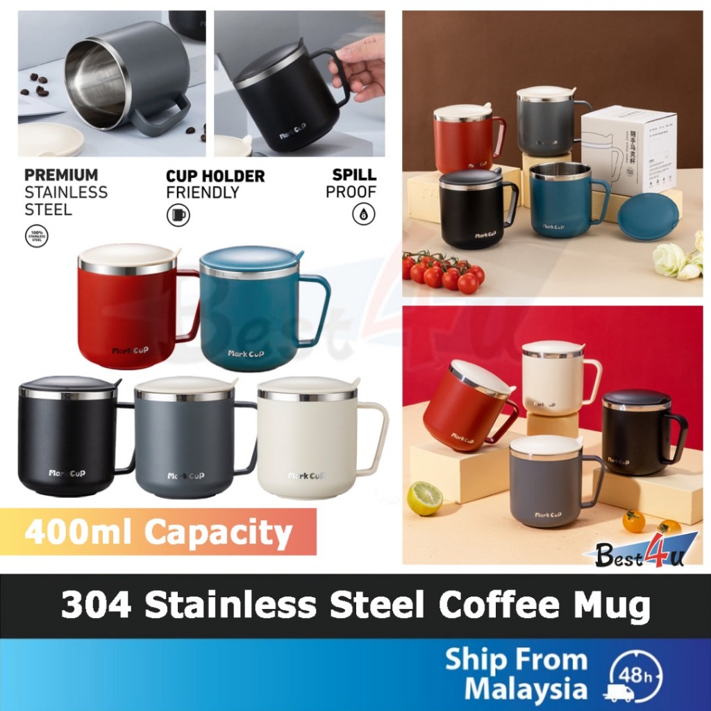BEST4U 400ML Thermal Cup with Cover Handgrip Coffee Tea Mug Stainless Steel Inner Drinking Cup Drinkware Cawan Terma