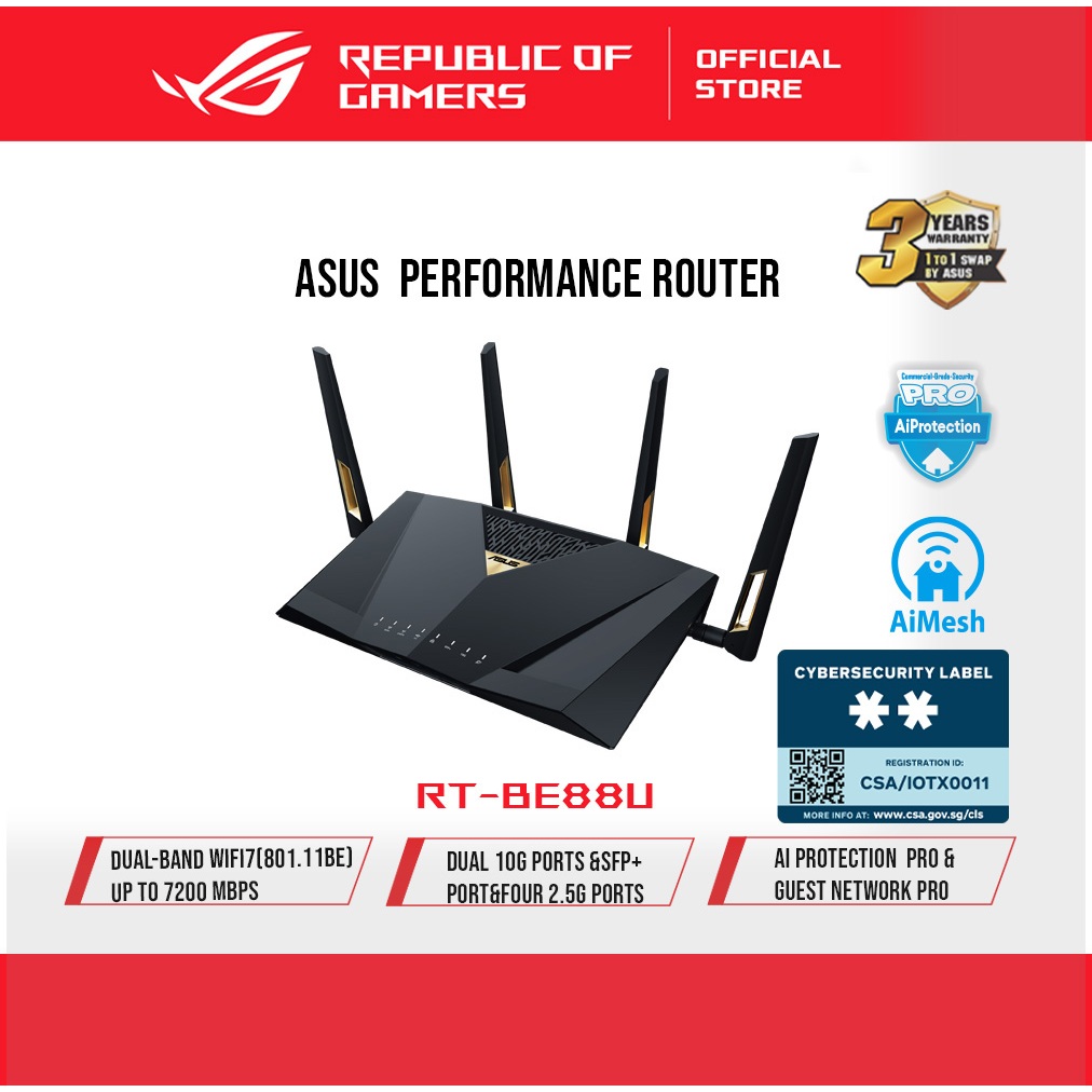 ASUS RT-BE88U Dual-band WiFi 7(801.11be) AiMesh extendable router, 7.2 Gbps, 34G wired capacity, Dual 10G ports, SFP+ po