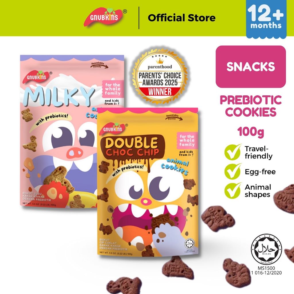 Gnubkins Prebiotic Kids Cookies Snack For 12 Months Till Adult - Milky/Double Choc Chip