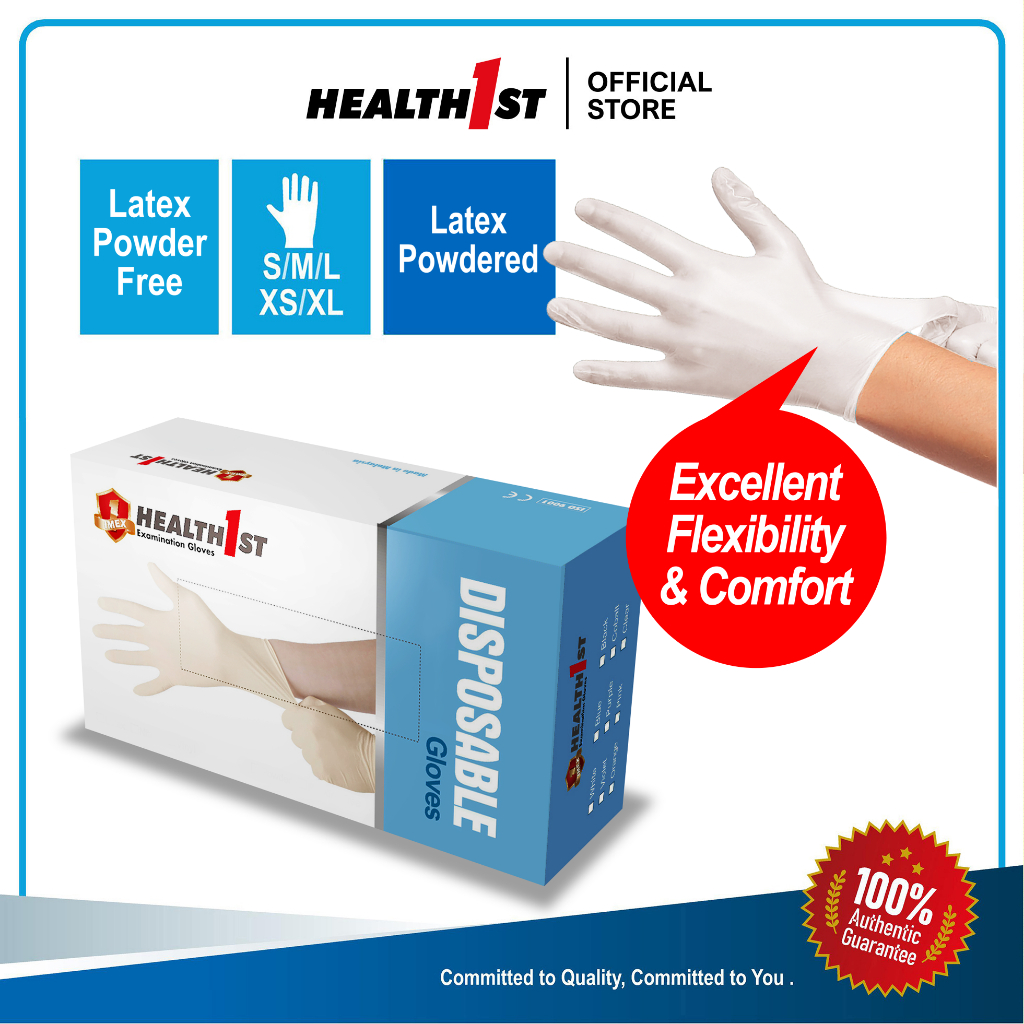 Health1st Premium Latex Disposable Gloves Powder Free/Powdered 240mm