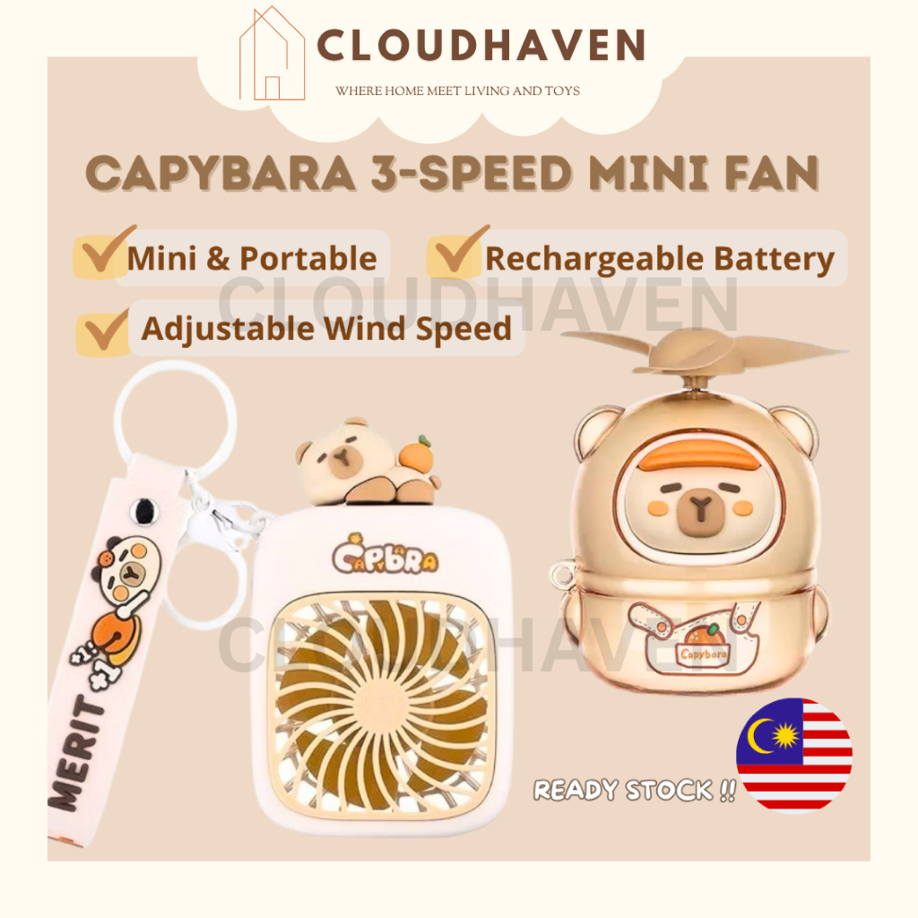 Kipas Mini Capybara Comel USB Rechargeable Handheld Fan 3 Kelajuan Kipas Tangan Portable Boleh Cas Travel Sekolah