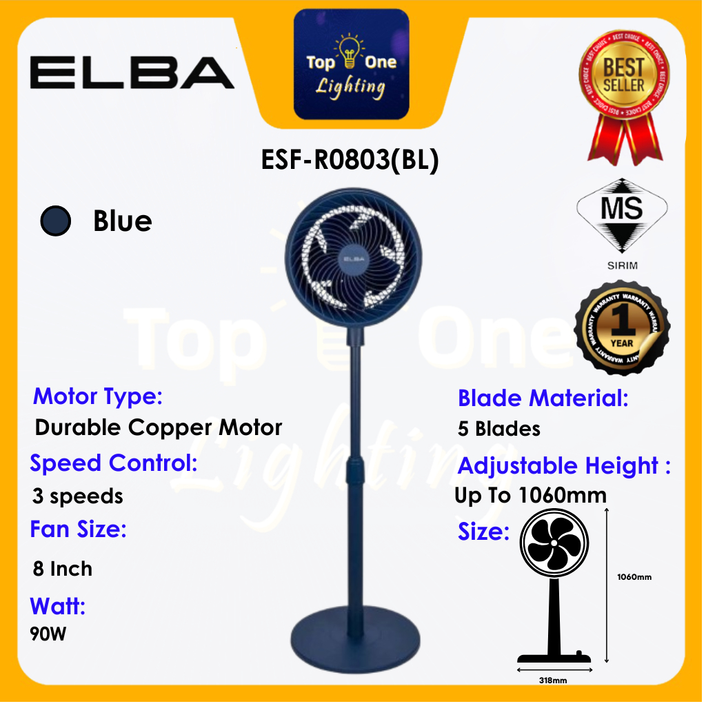 (NEW) ELBA 8" Stand Fan ESF-R0803(BL) - Auto Oscillating - 5 Blades - Blue (8 inches / 90W)