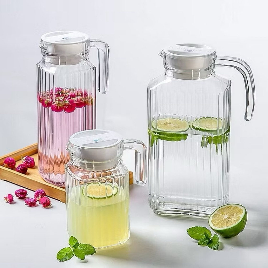 Drinking Glass Serving Jug Cold Warm Water Tea Beverage Fridge Jug Lid Bekas simpan min…