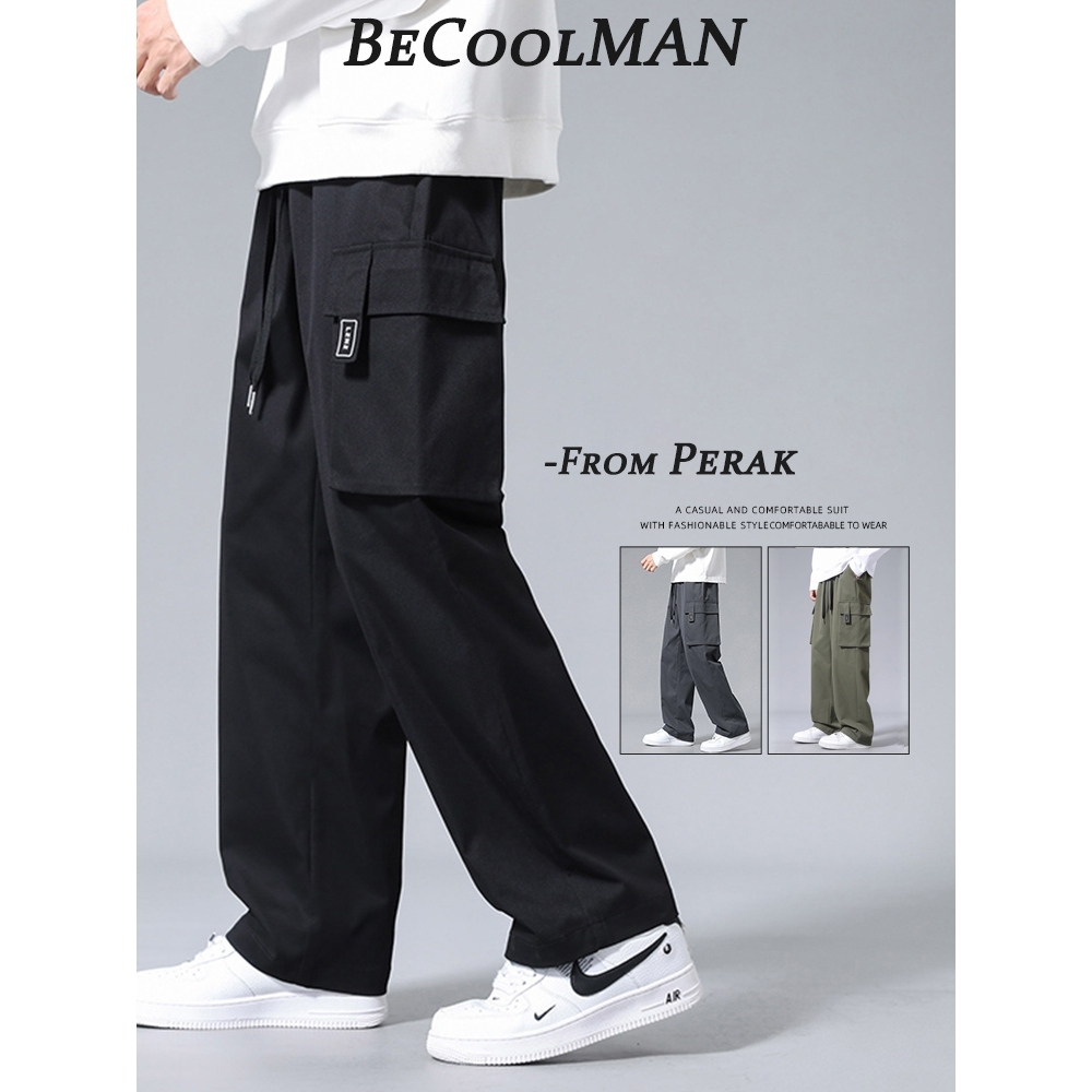 Dari Johor~BeCoolMAN Seluar lurus lelaki Cargo Pants Men Baggy Hiking Street Style Casual Large Pocket Trousers Black