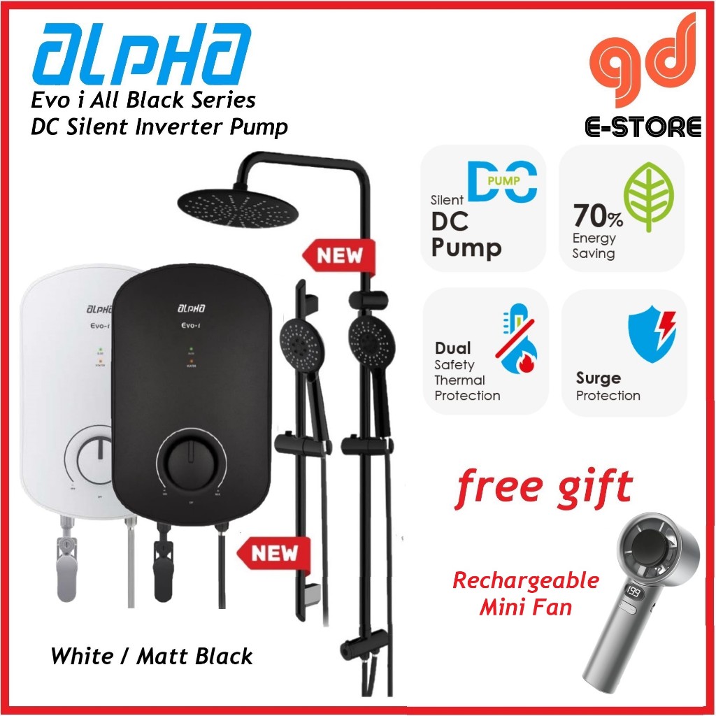 [Free Gift] Alpha Evo i DC Pump Evo E No Pump Instant Water Heater White Matt Black Rain Shower