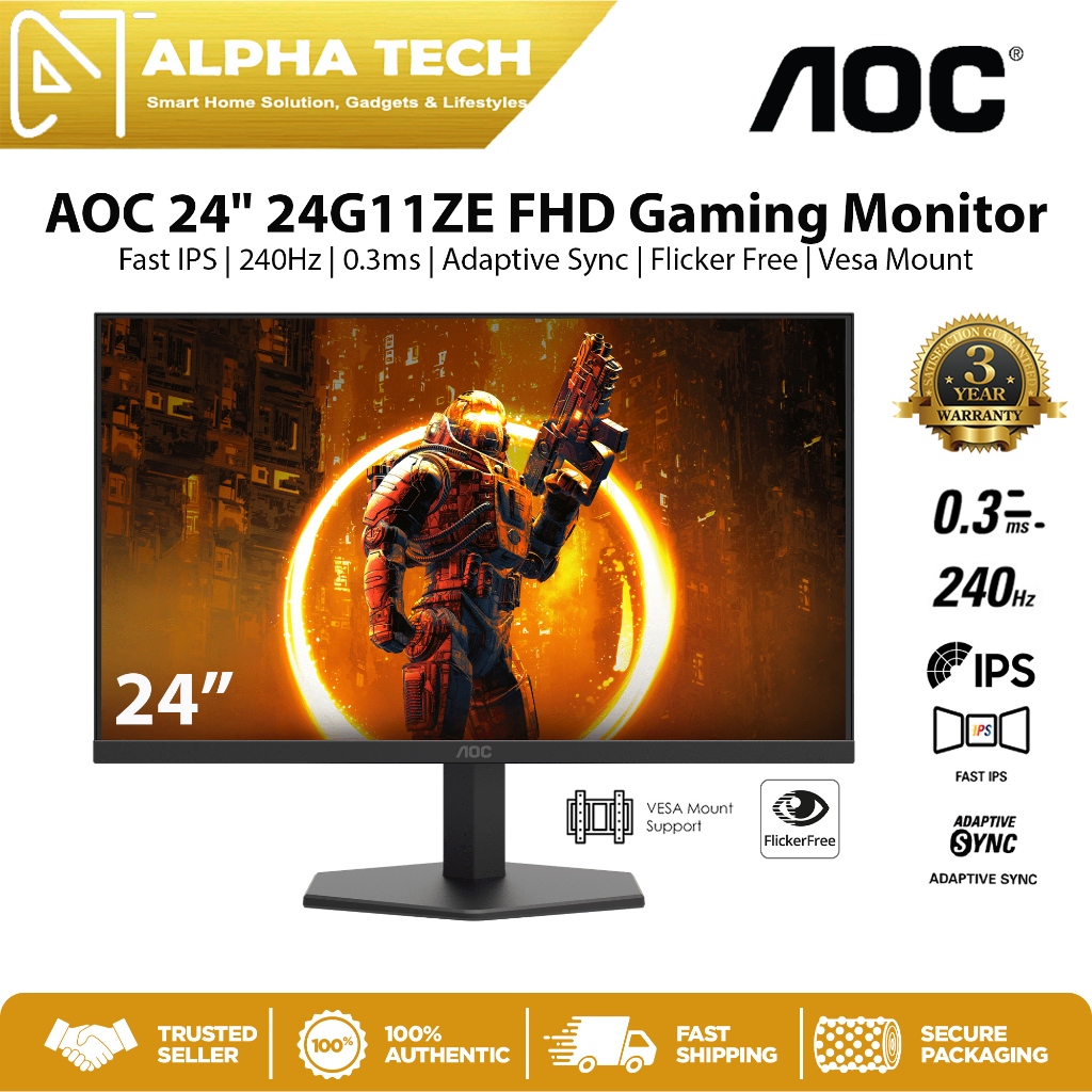 AOC 23.8" Gaming Monitor 24G11ZE - FHD | Fast IPS | 240Hz | 0.3ms | Adaptive Sync | Flicker Free | Vesa Mount | 3 Years
