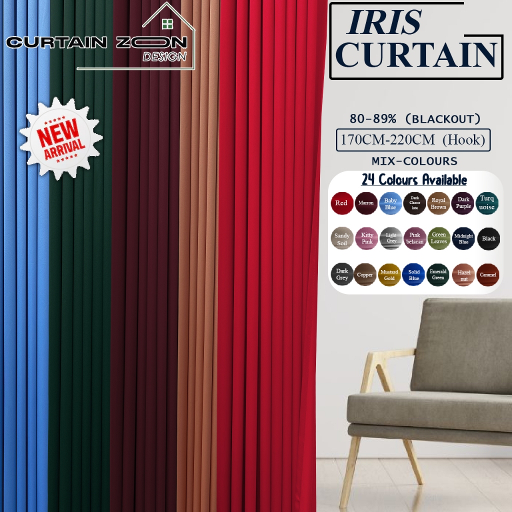 Curtain zoon Langsir Iris Mix Color 80% Blackout, Saiz (170CM-220CM) Hook Type Pintu bilik & Tingkap
