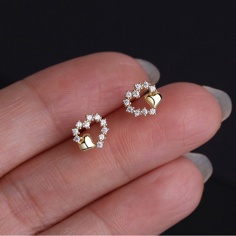 S925 love shape diamonds earrings korean style 925银爱心形带钻耳钉韩系风格14k镀金女生耳钉