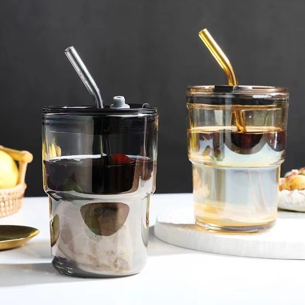 Glass straw cup with lid Cawan kaca  Portable gift coffee cup Heat resistant and cold resistant transparent water cup玻璃杯
