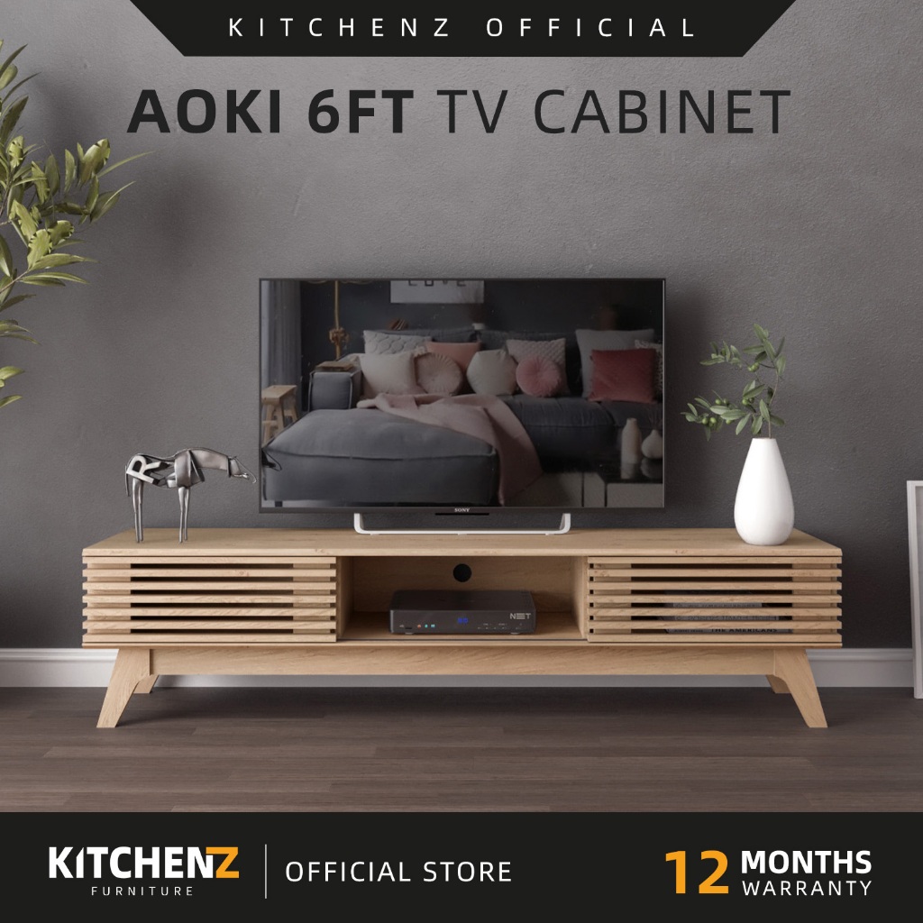 KitchenZ Aoki Series 6FT Tv Cabinet Tv Console Rak Tv Kabinet Tv Almari Tv Solid Board Wooden Leg Oat Brown - E2252