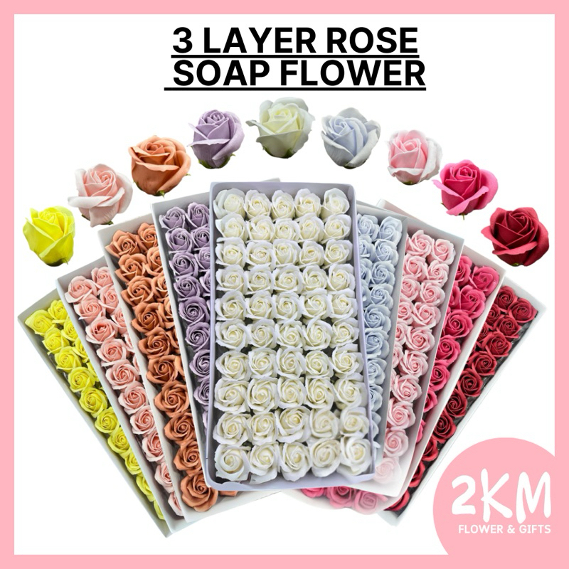 (25/50PCS) 3 LAYER Rose Soap Flower With Base Fragrant Scent Bouquet Artificial Home Decor Bunga Sabun Wangi 玫瑰肥皂花香皂花