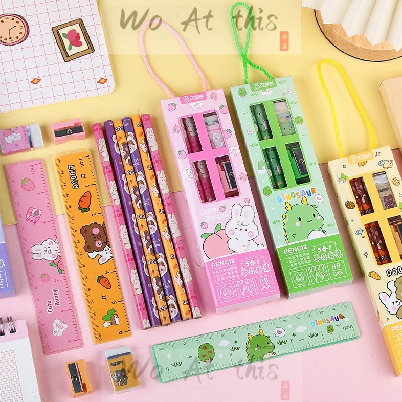 5 in 1 Kids Stationary Stationery Set School Student Birthday Present Gift Set Pencil Door Gift 铅笔套装